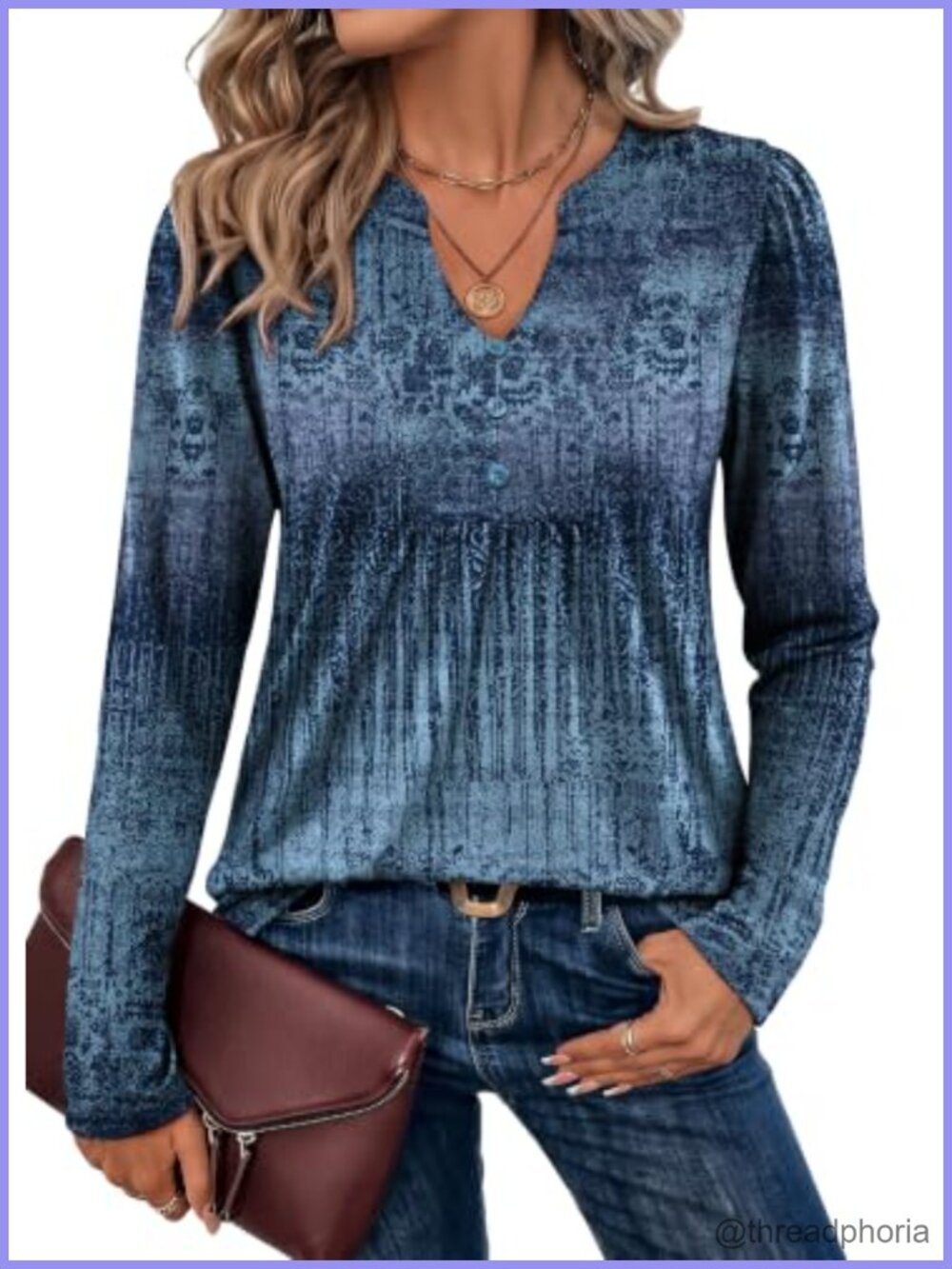 Womens V Neck Long Sleeve Pleated Tunic Top Decorative Buttons Dressy Casual